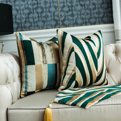 Green Striped Geometric Cushion Cover