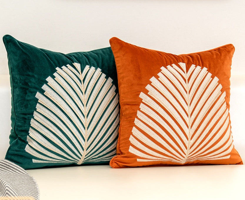 Flannel Embroidered Fan Leaf Cushion Cover