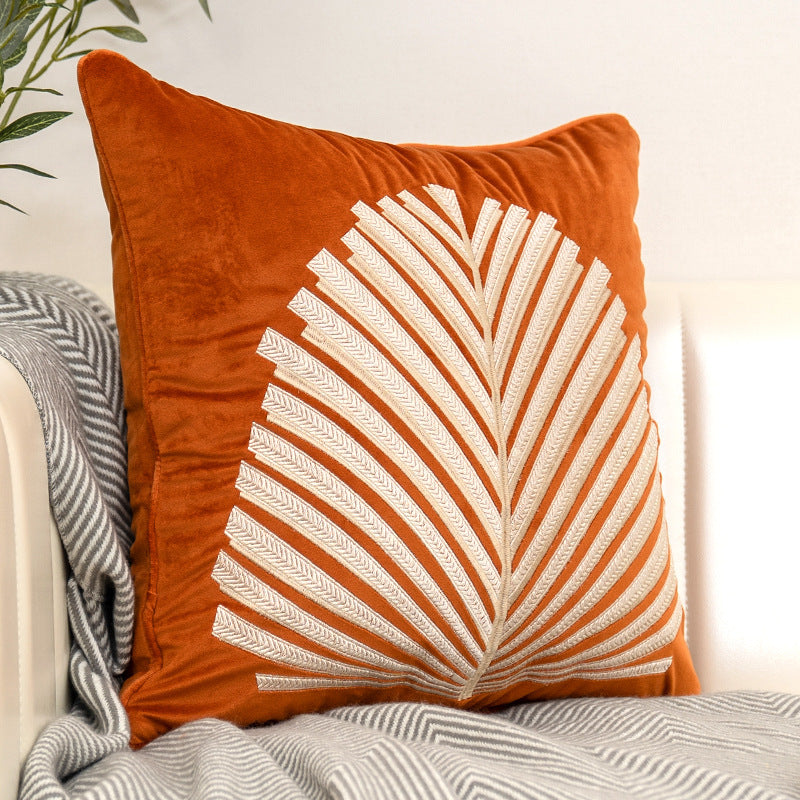 Flannel Embroidered Fan Leaf Cushion Cover