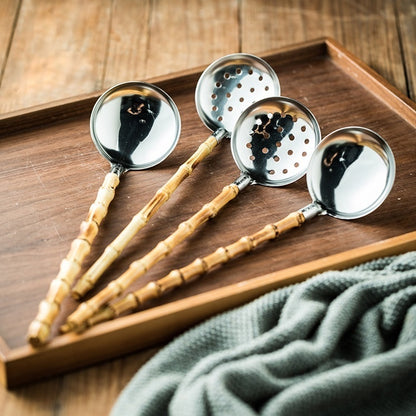 Natural Bamboo Handle Soup Spoon and Strainer