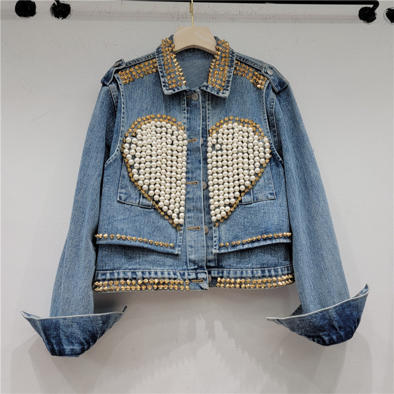 Heavy Industrial Design Love Beaded Short Denim Jacket