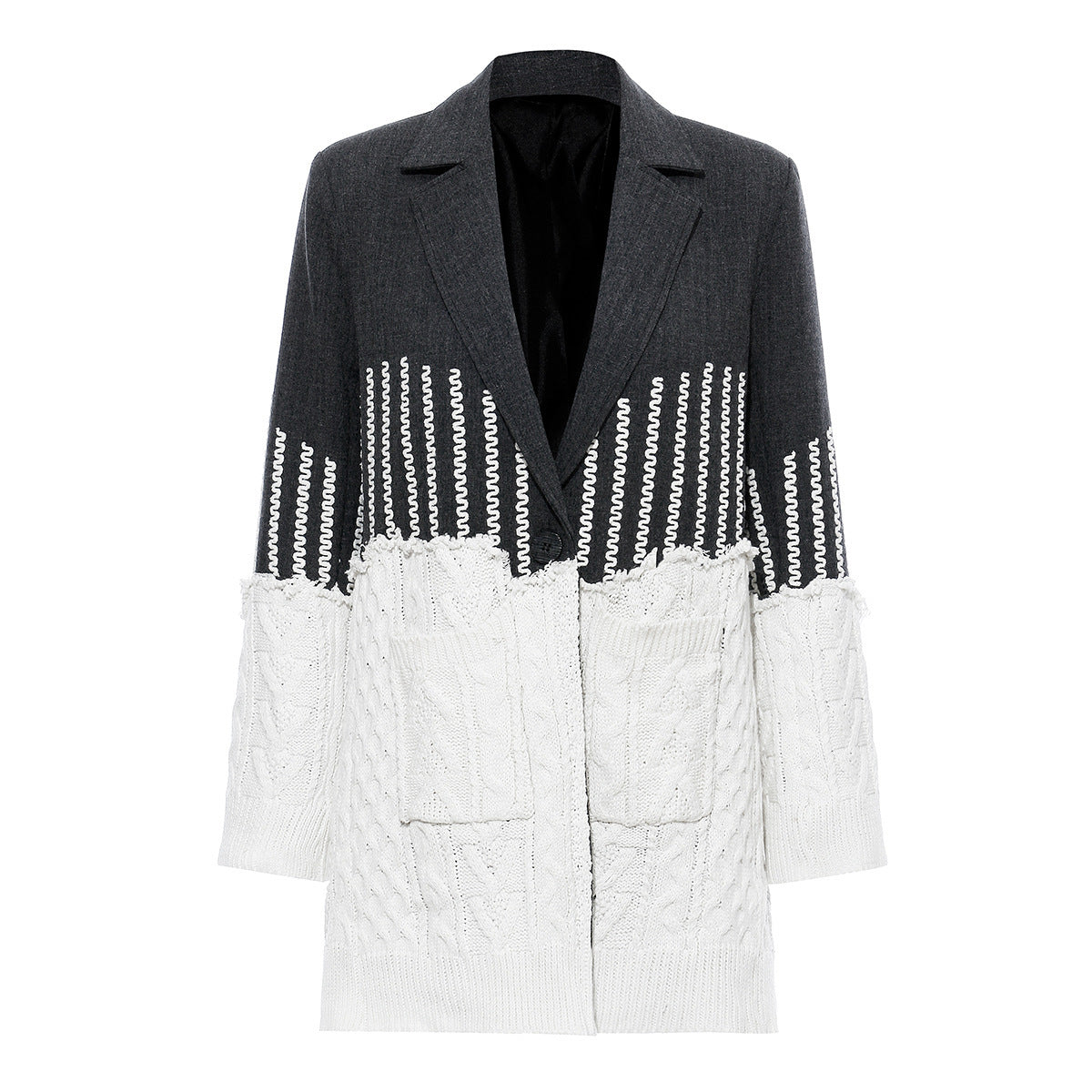 Jacquard Patchwork Knit Torn Hem Jacket