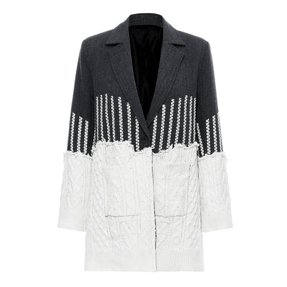 Jacquard Patchwork Knit Torn Hem Jacket