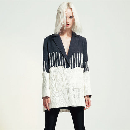 Jacquard Patchwork Knit Torn Hem Jacket