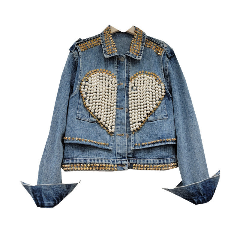 Heavy Industrial Design Love Beaded Short Denim Jacket