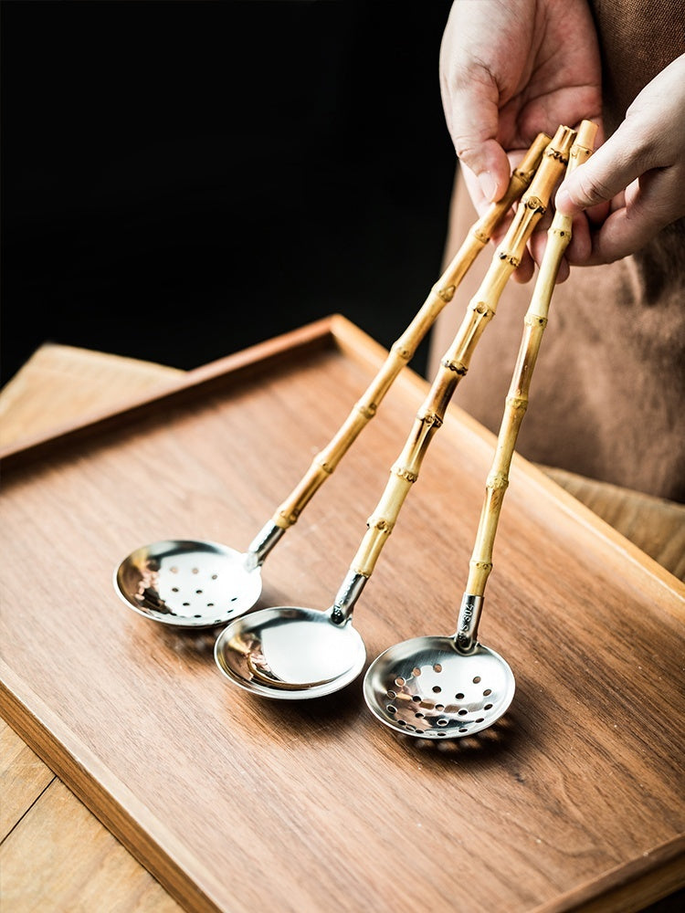 Natural Bamboo Handle Soup Spoon and Strainer