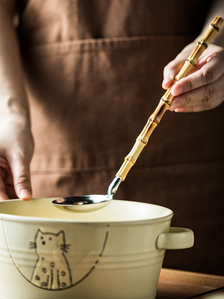 Natural Bamboo Handle Soup Spoon and Strainer