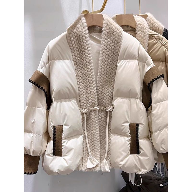 V-neck Frog Button Stitching Furry Padded Down Jacket Cotton-padded Coat