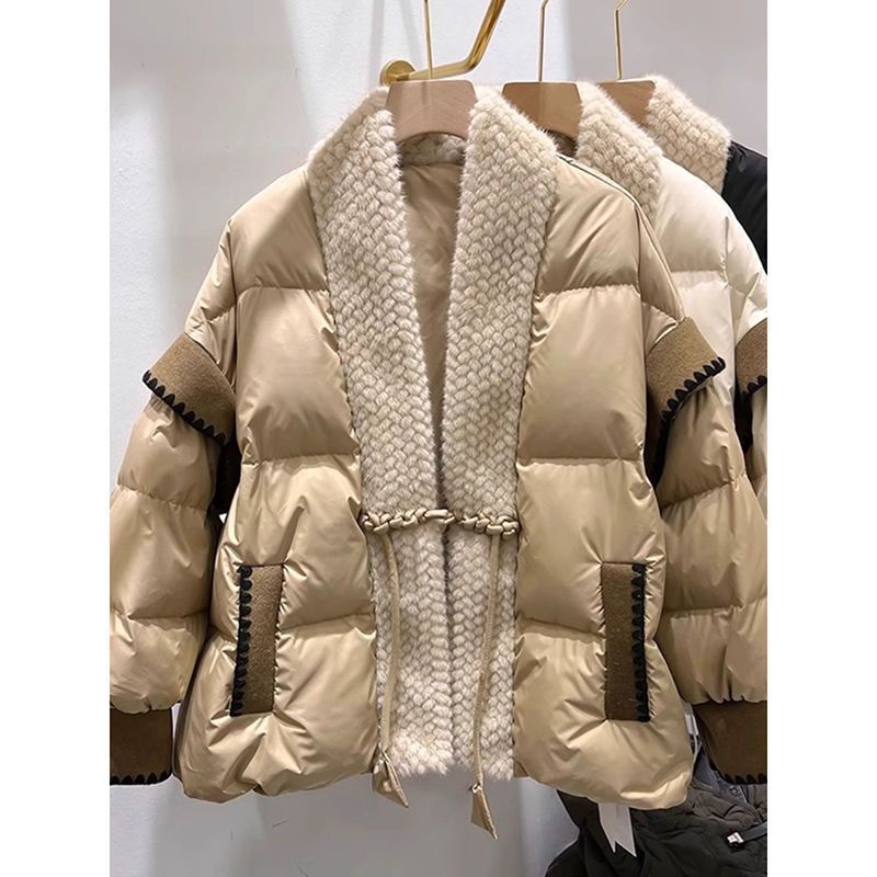 V-neck Frog Button Stitching Furry Padded Down Jacket Cotton-padded Coat