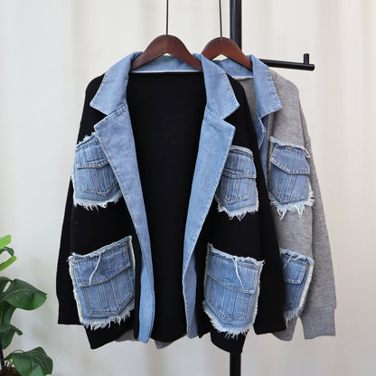 Denim Stitching Sweater Jacket