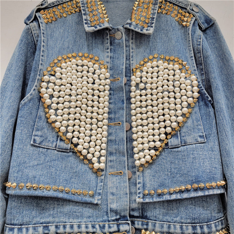 Heavy Industrial Design Love Beaded Short Denim Jacket