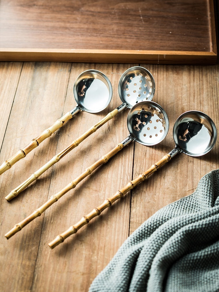 Natural Bamboo Handle Soup Spoon and Strainer