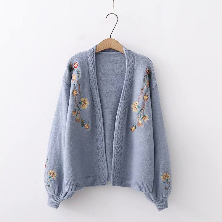 Embroidered Balloon Sleeve Cardigan