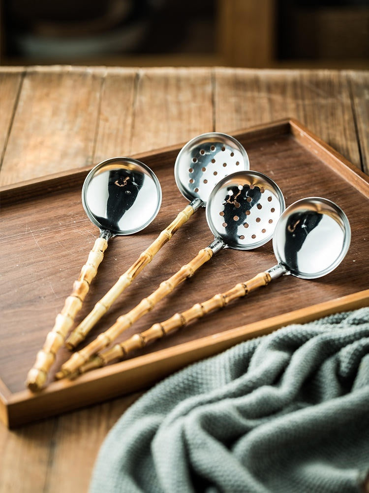 Natural Bamboo Handle Soup Spoon and Strainer