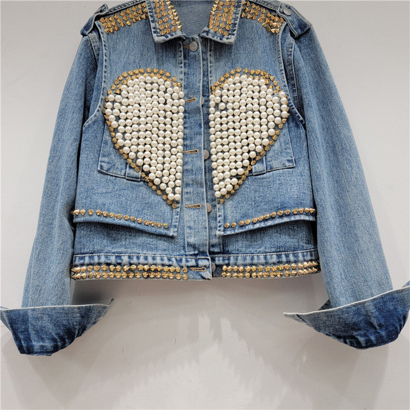 Heavy Industrial Design Love Beaded Short Denim Jacket