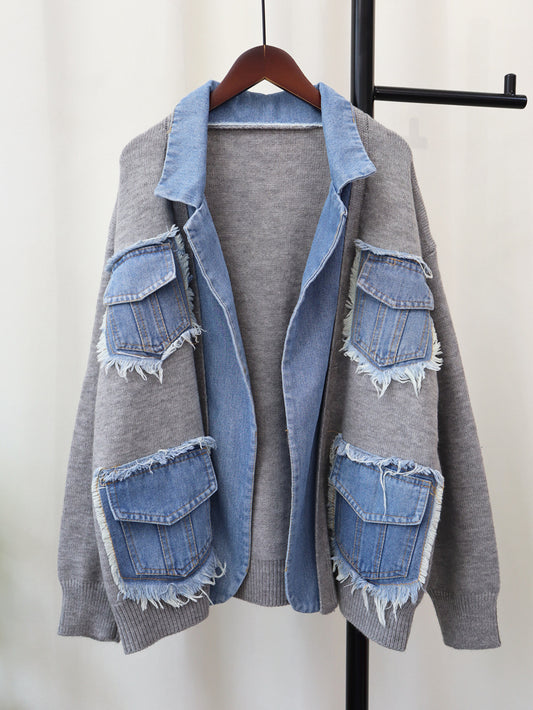 Denim Stitching Sweater Jacket