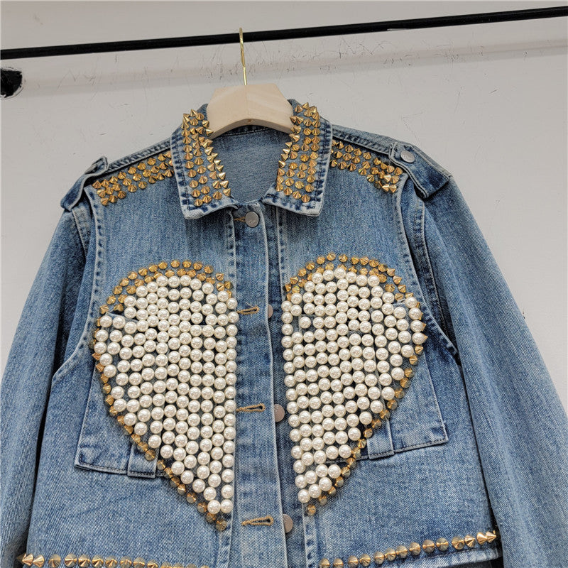 Heavy Industrial Design Love Beaded Short Denim Jacket